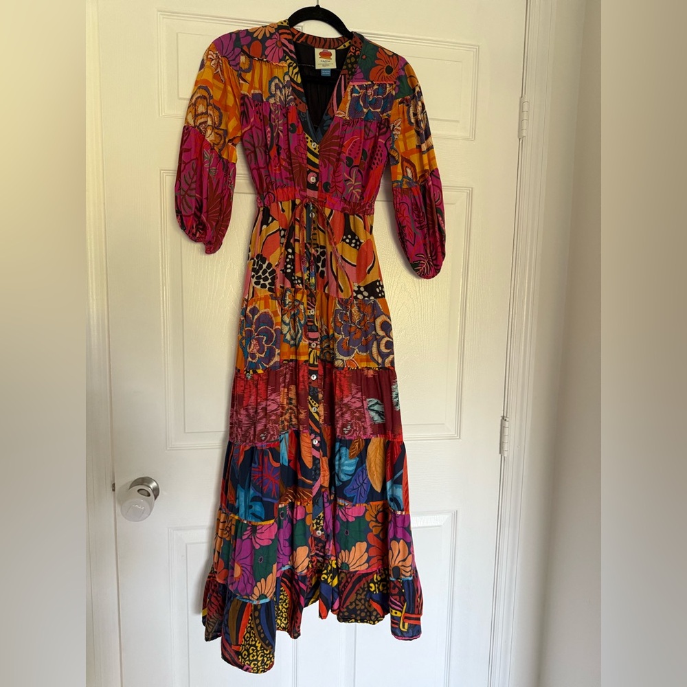 FARM Rio Red and Blue Resort Sundress with V-neck